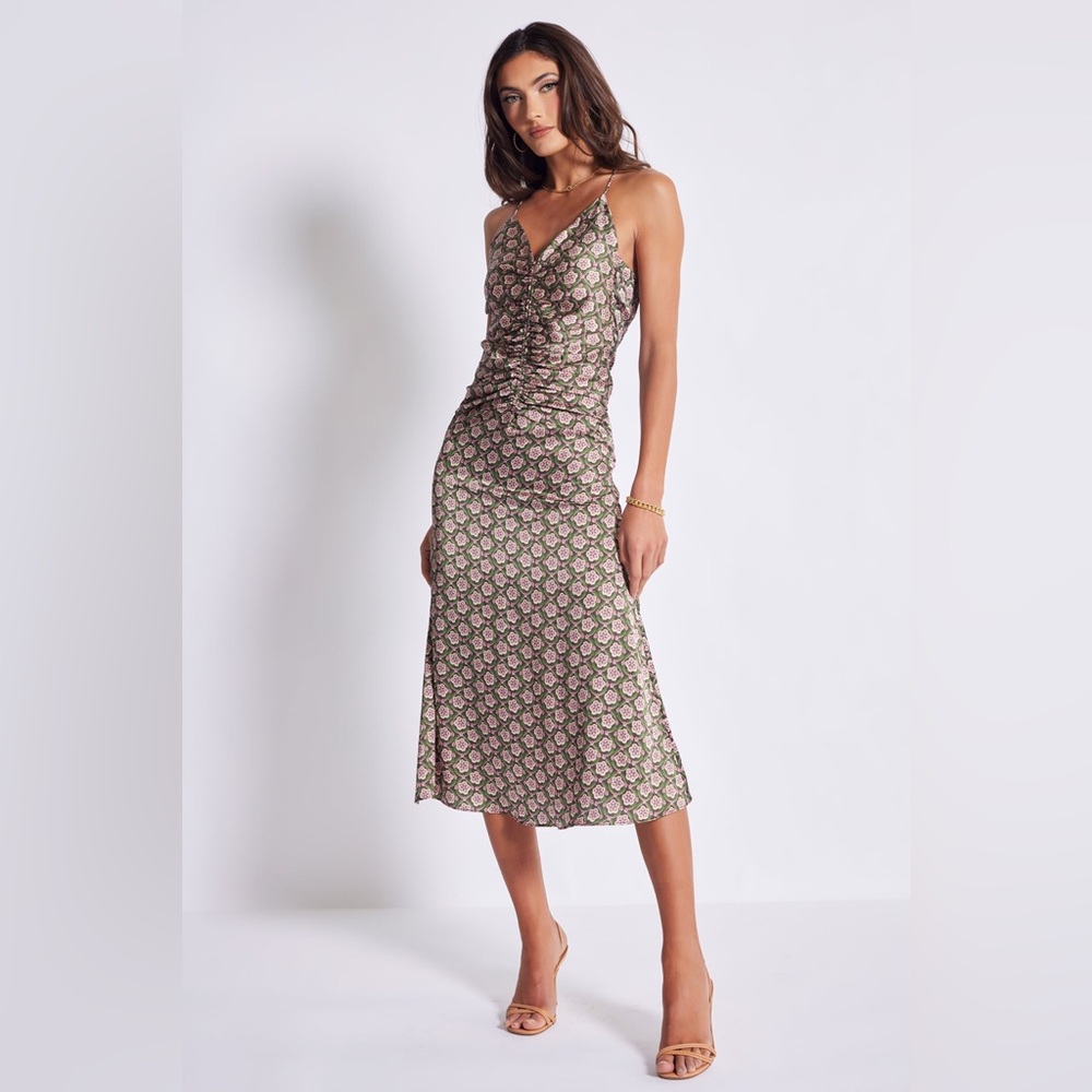 Bishop + Young Satin Ruched Midi Dress – XS